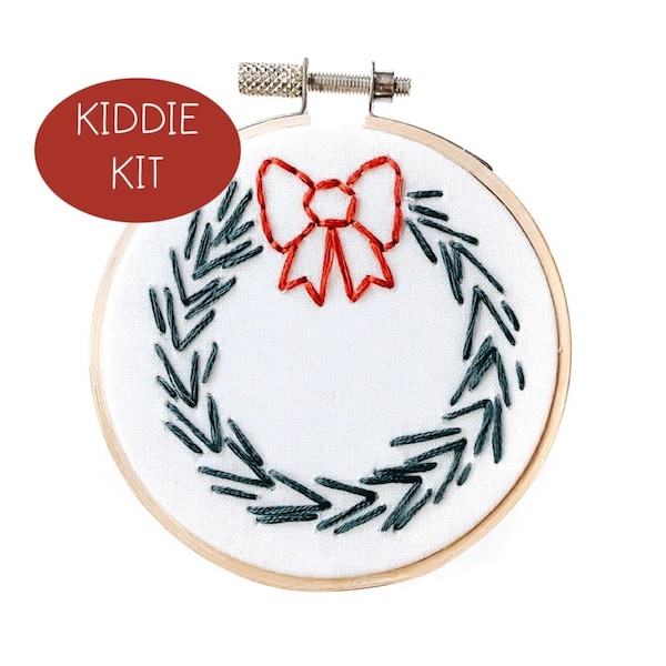 Wreath Ornament Embroidery KIT FOR KIDS with Pre-Printed Fabric and Embroidery Supplies