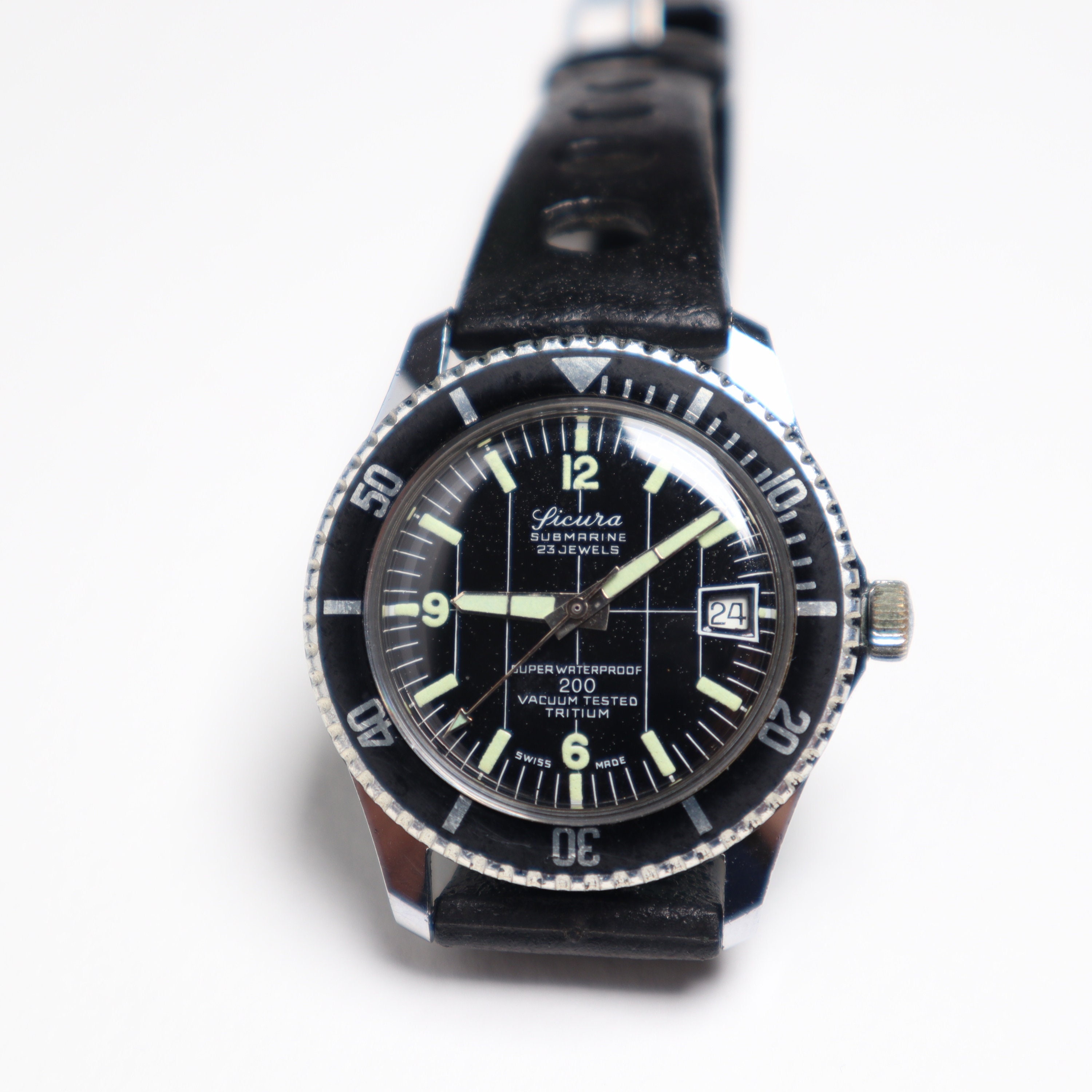 Vintage Sicura Submarine 23 Jewels Swiss Divers Watch From 70