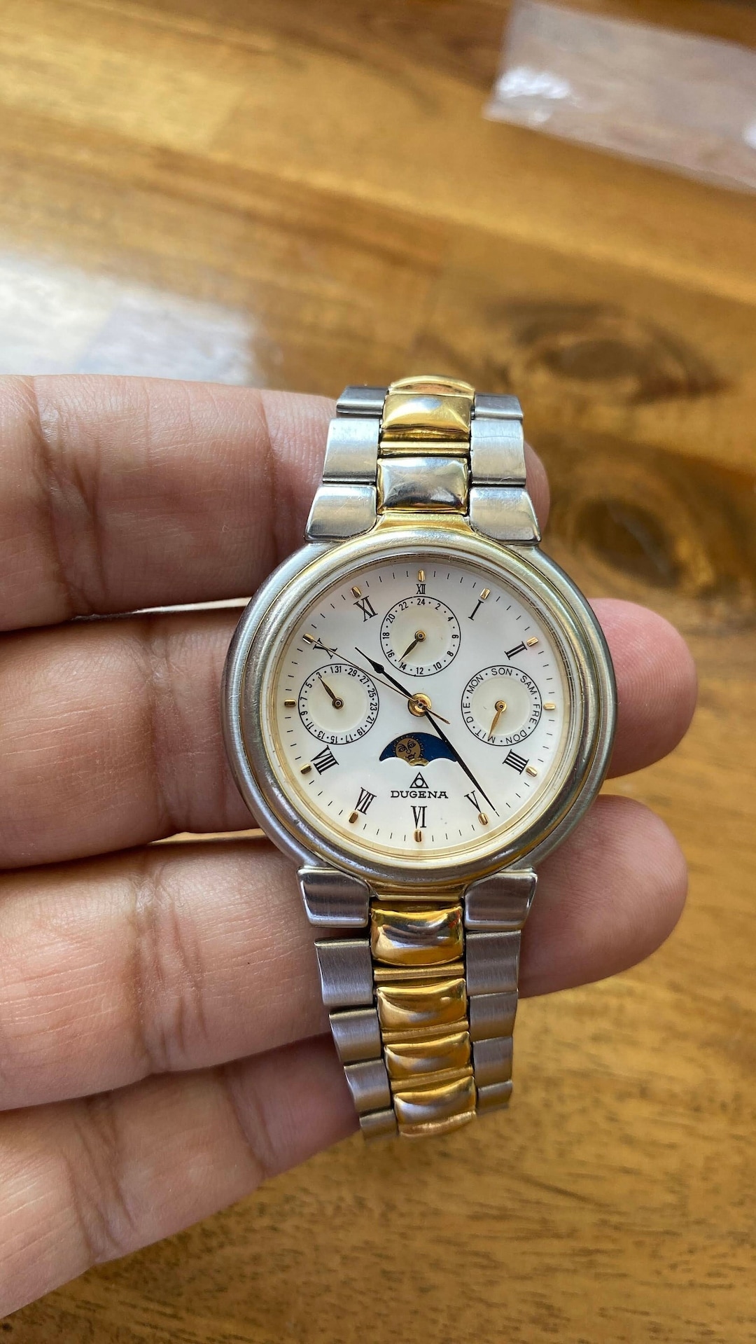 Seltene Vintage Dugena Mondphasen Armbanduhr: Wochentag und Datums