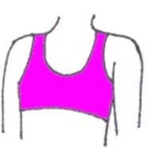 May include: A bright pink sports bra with a scoop neck.