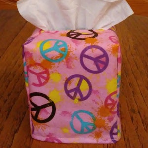 Tissue Box Cover, Square, Peace Signs On Pink Fabric Square Tissue Box Cover, Pink Peace Tissue Box Cover, Handmade, Free Shipping