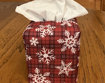 Tissue Box Cover Square, Snowflakes On Red Plaid Fabric Tissue Box Cover, Winter Decor Square Tissue Box Cover, Christmas Decor Tissue Box