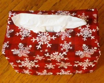Tissue Box Cover Rectangle, Snowflakes On Red Plaid Fabric Rectangular Tissue Box Cover, Winter Decor, Snowflakes Decor, Christmas Decor
