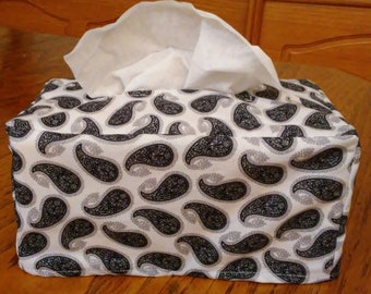 Tissue Box Cover, Rectangle, Black Paisley on White Fabric Tissue Box Cover, Rectangular Tissue Box Cover, Handmade