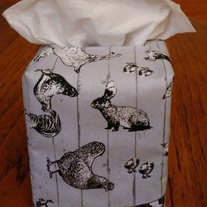 Tissue Box Cover, Square, Farm Animals On Gray Fabric Square Tissue Box Cover, Country Decor Tissue Box Cover, Handmade, Free Shipping