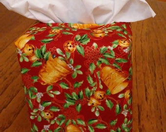 Tissue Box Cover, Square, Glittering Bells On Holly Berries Design Fabric Square Tissue Box Cover, Christmas Tissue Box Cover, Holiday Decor