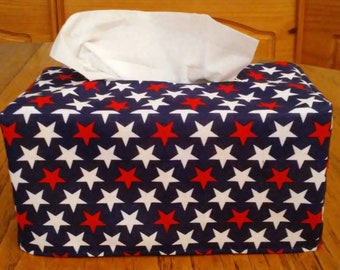 Tissue Box Cover, Rectangle, Patriotic Bold Stars on Navy Fabric Rectangular Tissue Box Cover, Independence Day Tissue Box Cover, Handmade