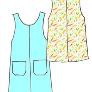 以下が含まれることがあります： 袖なしのドレスが2つ。1つは薄い青でポケットが2つ付いており、もう1つは白い背景にカラフルな抽象的な模様が描かれている。