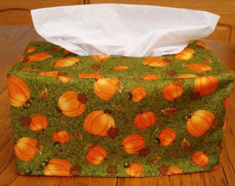 Tissue Box Cover, Rectangle, Pumpkins And Leaves On Green Fabric Rectangular Tissue Box Cover, Fall Decor, Handmade, Free Shipping