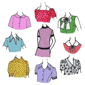 May include: Nine different styles of blouses with various collars, sleeves, and patterns. The blouses are in pink, red, green, blue, purple, yellow, and black.