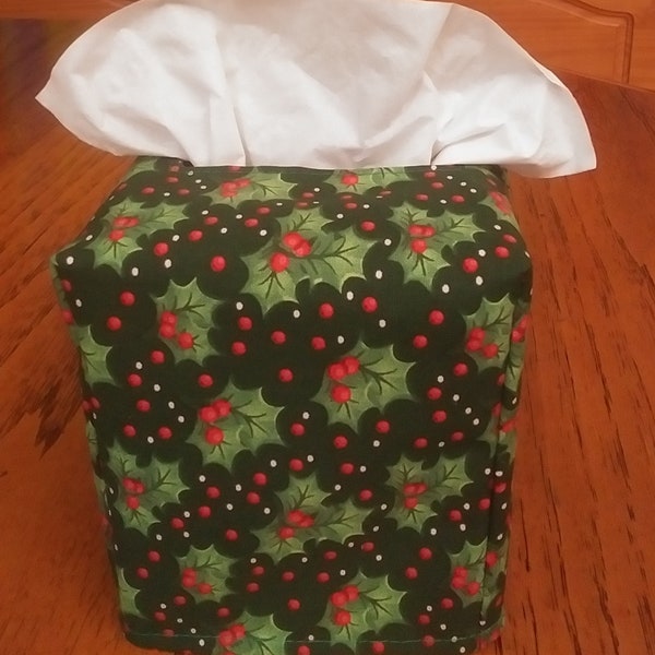 Tissue Box Cover, Square,  Holly Berries And Leaves Fabric Square Tissue Box Cover, Winter Tissue Box Cover, Holiday Decor,