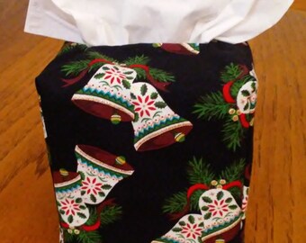 Tissue Box Cover, Square, Glittering Jingle Bells on Black Fabric Tissue Box Cover, Square Tissue Box Cover, Holiday Decor, Free Shipping