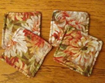 Square Coasters, Set Of 4, Fall Floral Fabric Coasters, Square Coffee Coasters, Reversible Drink Coasters, Beverage Coasters, Mug Rugs