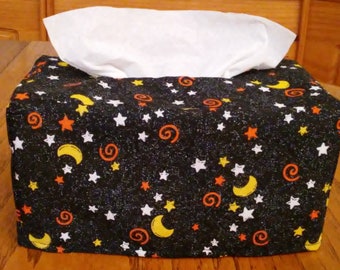 Tissue Box Cover, Rectangle, Glittering Stars Moons and Swirls on Black Fabric Rectangular Tissue Box Cover, Handmade, Free Shipping