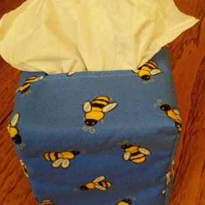 Tissue Box Cover, Square, Bumble Bees on Blue Fabric Square  Tissue Box Cover, Fabric Tissue Box Cover, Handmade Tissue Box Cover