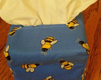 Tissue Box Cover, Square, Bumble Bees on Blue Fabric Square  Tissue Box Cover, Fabric Tissue Box Cover, Handmade Tissue Box Cover