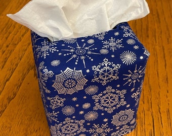 Tissue Box Cover, Square, Metallic Silver Snowflakes On Blue Fabric Square Tissue Box Cover, Great Hanukkah Decor, Winter Decor, Christmas