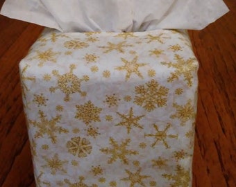 Tissue Box Cover, Square, Gold Snowflakes on White Fabric Square Tissue Box Cover, Winter Decor Tissue Box Cover, Handmade, Free Shipping