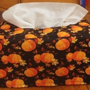 Tissue Box Cover, Rectangle, Pumpkins Acorns And Leaves On Black Fabric Tissue Box Cover, Fall Decor, Rectangular Tissue Box Cover