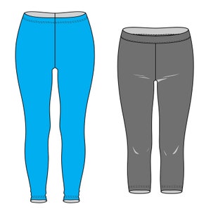 Peut inclure: Deux paires de leggings, une bleue et une grise. Les deux paires sont longues et ont une jambe droite.
