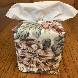 Tissue Box Cover, Square, Flowers And Leaves On White Fabric Tissue Box Cover,