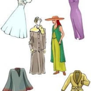 May include: A collection of clothing items including a white dress, a long brown coat, a green jumpsuit, a purple dress, a gray cardigan, and a yellow cardigan.
