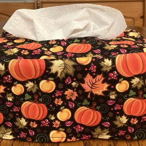 May include: A black tissue box cover with a fall-themed design featuring orange pumpkins, red berries, and green leaves on a black background.
