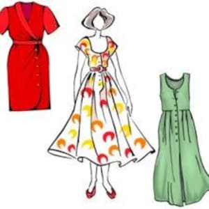 May include: Three different styles of dresses. A red wrap dress with short sleeves, a yellow and orange floral print dress with a belt, and a green sleeveless dress with buttons down the front.