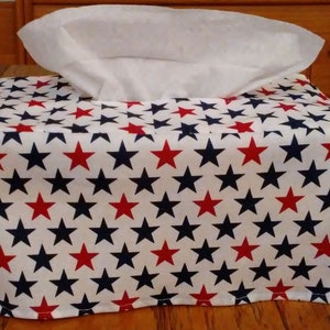 Tissue Box Cover, Rectangle, Bold Red And Blue Stars on White Fabric Rectangular Tissue Box Cover, Patriotic Tissue Box Cover, Handmade