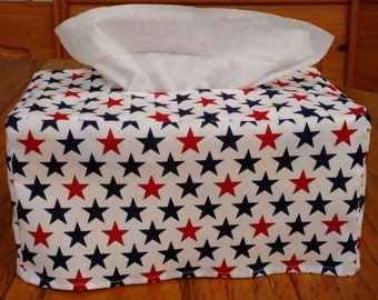 Tissue Box Cover, Rectangle, Bold Red And Blue Stars on White Fabric Rectangular Tissue Box Cover, Patriotic Tissue Box Cover, Handmade