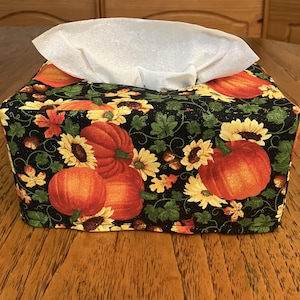 Tissue Box Cover, Rectangle, Glittering Pumpkins And Flowers On Black Fabric Rectangular Tissue Box Cover, Fall Decor, Handmade