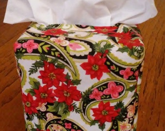 Tissue Box Cover, Square, Glittering Poinsettia Paisley Fabric Tissue Box Cover, Square Tissue Box Cover, Free Shipping, Christmas Decor