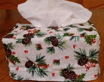 Tissue Box Cover, Rectangle, Pine Cones And Holly Berries Fabric Tissue Box Cover, Rectangular Tissue Box Cover, Handmade, Free Shipping