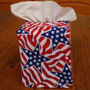 Tissue Box Cover, Square, Bright Stars On Red And White Stripes Patriotic Fabric Tissue Box Cover, Handmade, Free Shipping