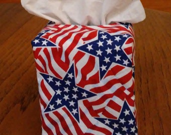 Tissue Box Cover, Square, Bright Stars On Red And White Stripes Patriotic Fabric Tissue Box Cover, Handmade, Free Shipping