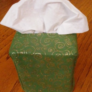Tissue Box Cover, Square, Glittering Gold Swirls on Green Fabric Tissue Box Cover, Square Tissue Box Cover, Gold Swirls, Handmade