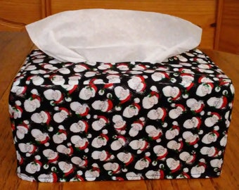 Tissue Box Cover, Rectangle, Santa Claus on Black Fabric Rectangular Tissue Box Cover, Santa Claus Tissue Box Cover, Handmade, Free Shipping