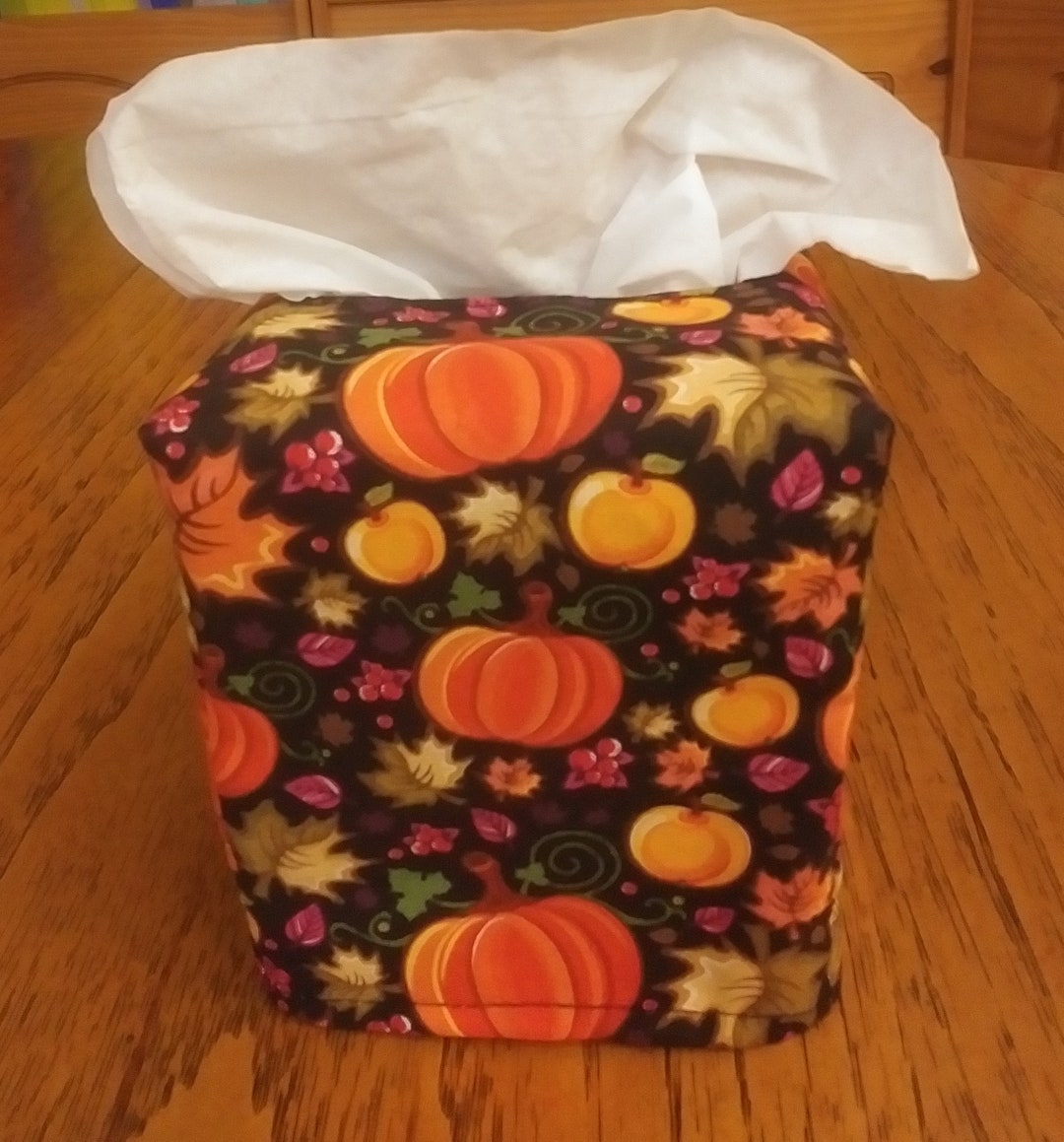 Tissue Box Cover, Square, Pumpkins Apples and Fall Leaves on Black