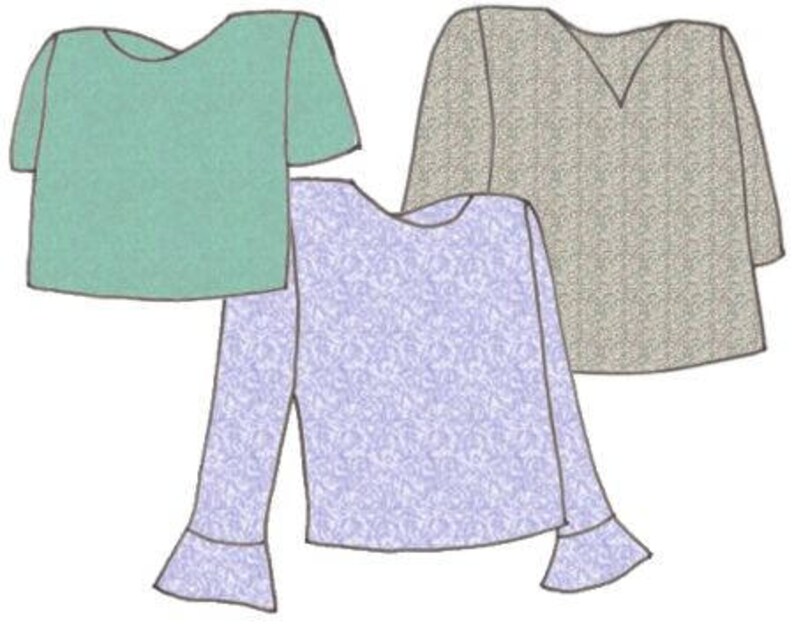 May include: Three different tops, one with short sleeves and a light green color, one with long sleeves and a light purple color with a white pattern, and one with long sleeves and a light gray color with a white pattern.