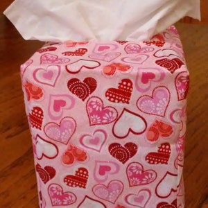 Tissue Box Cover, Square, Glittering Pink Hearts Square Fabric Tissue Box Cover, Fabric Square Tissue Box Cover, Pink And Red Hearts