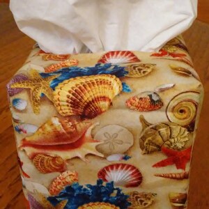 Tissue Box Cover, Square, Colorful Sea Shells On Tan Fabric Square Tissue Box Cover, Beach Decor, Sea Shell Decor, Free Shipping