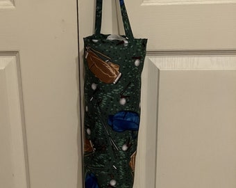 Grocery Bag Holder, Golf Bags And Golf Clubs On Green Fabric Plastic Bag Container And Dispenser, Plastic Bag Keeper, Plastic Bag Storage