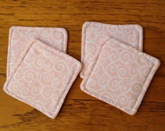 Square Coasters, Set Of 4, Coral With White Swirls Fabric Coasters, Square Coffee Coasters, Reversible Coaster, Beverage Coaster, Mug Rugs