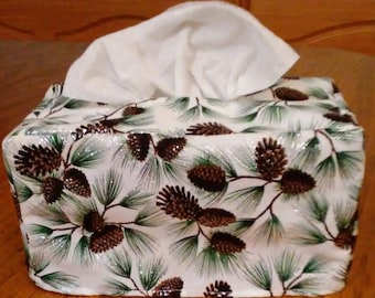 Tissue Box Cover, Rectangle, Glittering Pine Cones on White Rectangular Fabric Tissue Box Cover, Pine Cones Tissue, Handmade, FREE SHIPPING