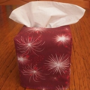 Tissue Box Cover, Square, Patriotic White Fireworks And Stars On Dark Red Fabric Square Tissue Box Cover, Patriotic Decor, Handmade