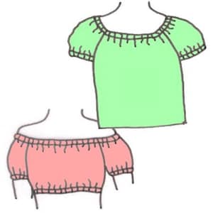 Puede incluir: Dos blusas de hombros descubiertos con mangas abullonadas. La blusa de la izquierda es rosa y la blusa de la derecha es verde.