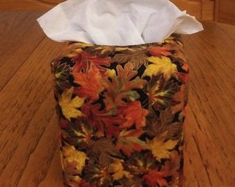 Tissue Box Cover, Square, Glittering Fall Leaves On Black Square Tissue Box cover, Fall Decor Tissue Box Cover, Thanksgiving Tissue Box