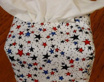 Tissue Box Cover, Square, Patriotic Galaxy of Stars Square Fabric Tissue Box Cover, Red and Blue Stars on White Square Tissue Box Cover,