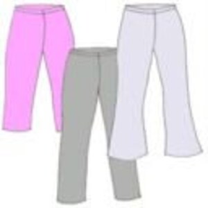 Puede incluir: Tres pares de pantalones en diferentes colores: rosa, gris y azul claro. Los pantalones son todos del mismo estilo, con pierna recta y cintura.