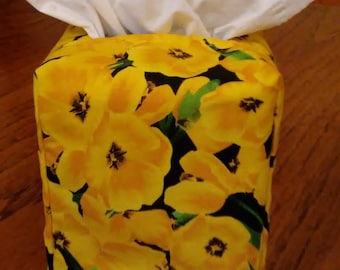 Tissue Box Cover, Square, Yellow Pansies on Black Square Fabric Tissue Box Cover, Square Tissue Box Cover, Free Shipping